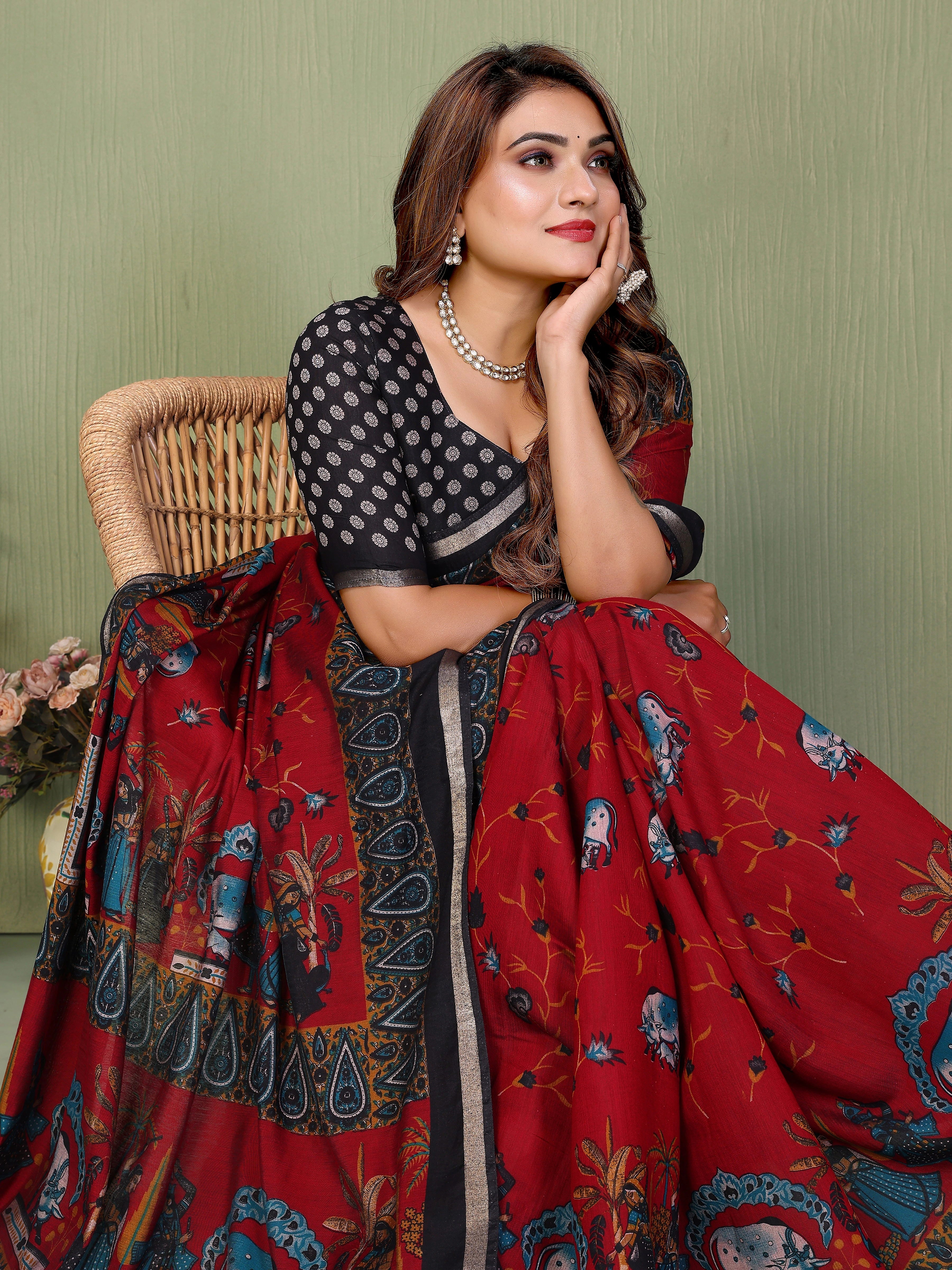 Maroon Mul Cotton Kalamkari Print Saree – Kalyanja